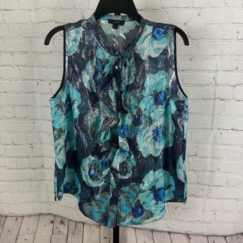 J. Crew Ruffle Front Floral Print Jacquard Button Down Sleeveless Size Medium
